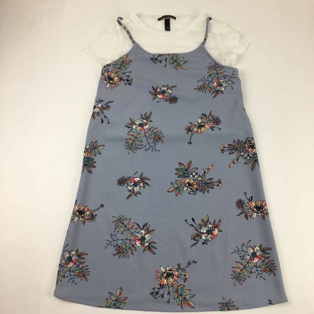 Fire Girls A-Line Dress Blue White Floral Crew Neck Short Sleeve Stretch L 10-12
